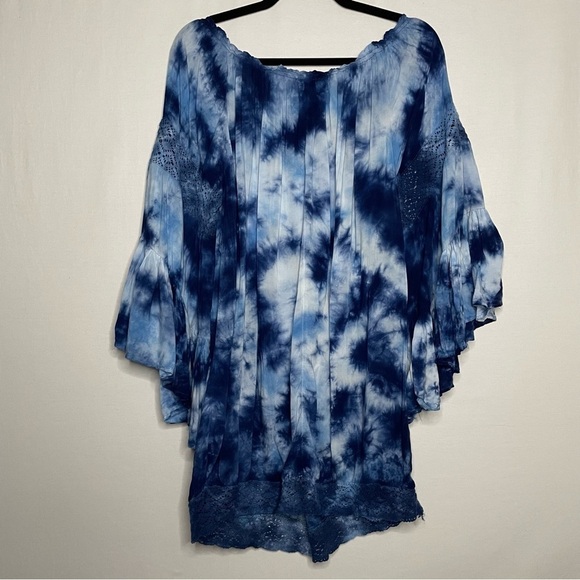 Surf Gypsy Boho Tie-Dye Off-Shoulder Ruffle Kimono Sleeve Tunic Top - Picture 8 of 12